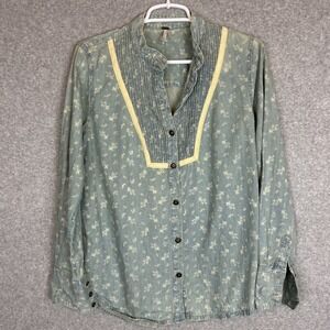 Free People Blouse Small Hillside Chambray Denim Bibbed Floral Pintuck Button-up
